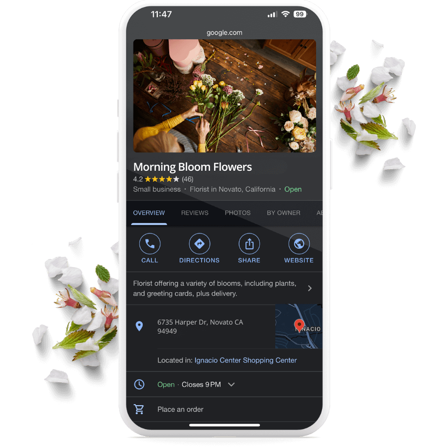 Illustration of a Google Business Profile for a florist displayed on a smartphone, symbolizing Local SEO and Google Map Pack optimization in Marin County.