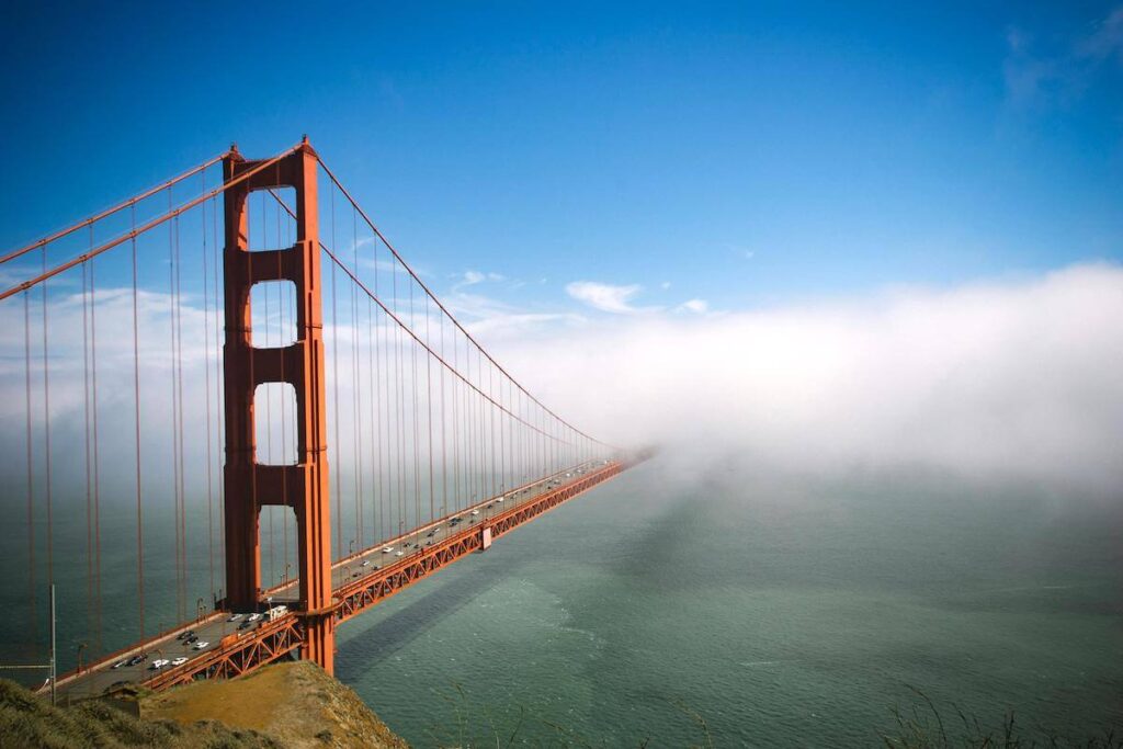 Rank Marin Top Rated Businesses Golden Gate Bridge covered in fog, viewed from Marin County.