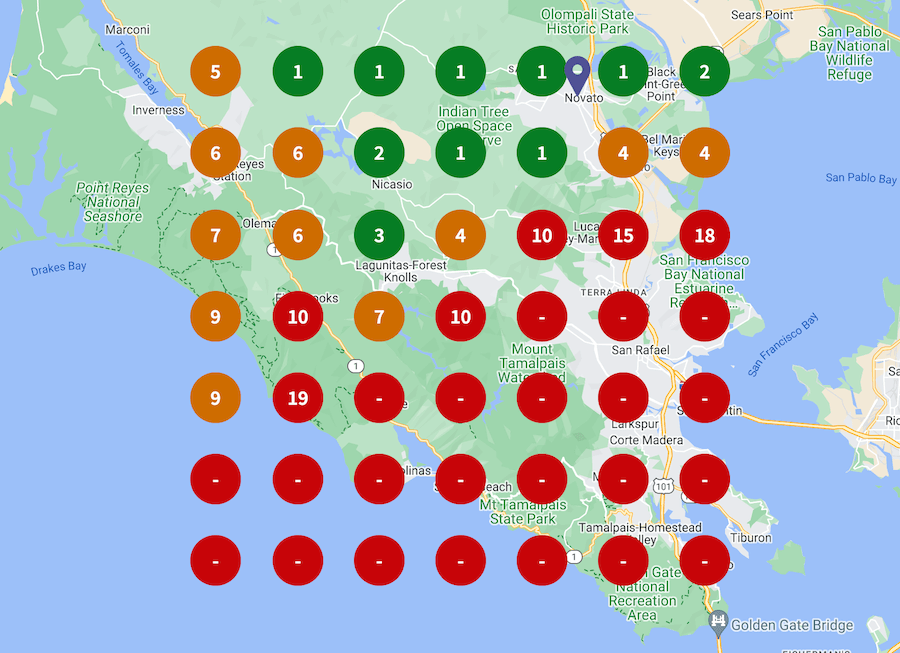 Local search grid visual showing Marin County keyword rankings for Google Business Profile optimization and local SEO.