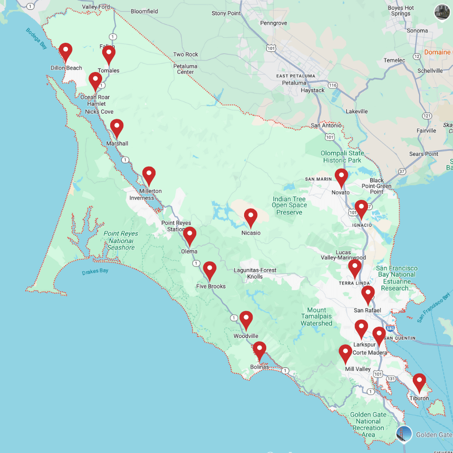Map of Marin County highlighting major cities served by Rank Marin for Google Maps marketing.