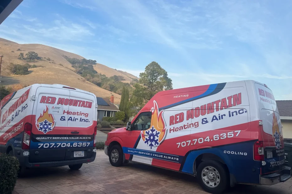 Two Red Mountain Heating and Air branded work vans parked outside a residential job site.