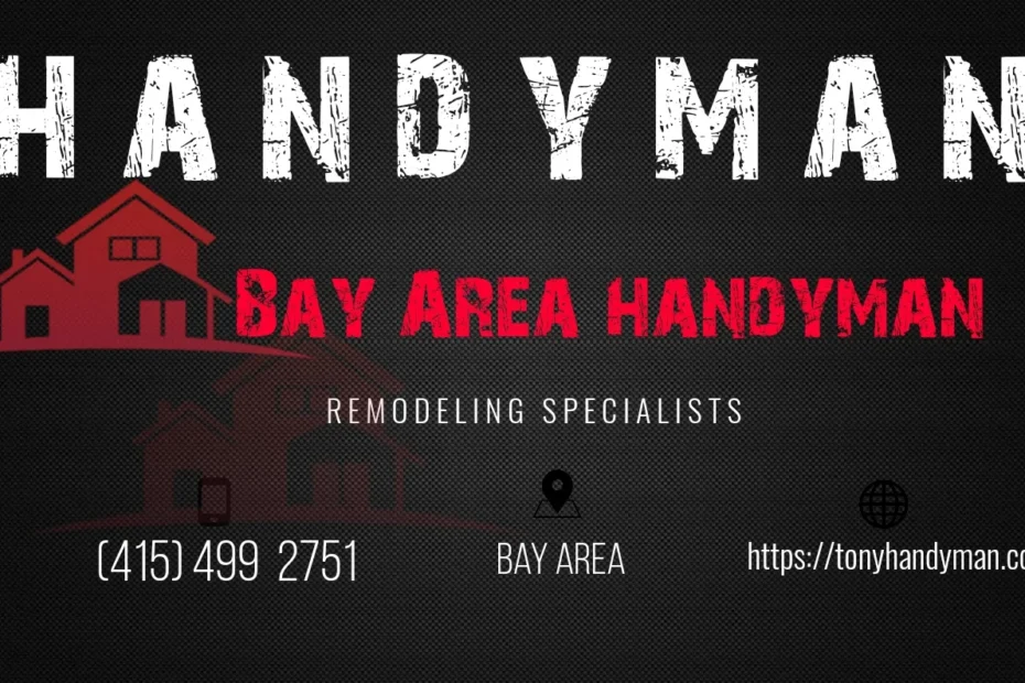 Graphic design with black background, white "Handyman" text, and red Bay Area remodeling specialist tagline.