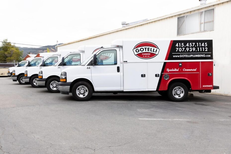 Gotelli Plumbing Company service trucks parked near their location in San Rafael, CA. Trusted local plumbers serving Marin County.