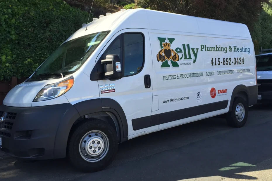 A Kelly Plumbing & Heating service truck with company logo, parked in Novato, CA.