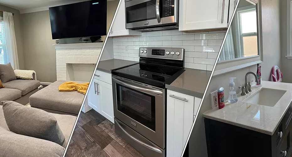 Spotless living room, kitchen, and bathroom cleaned by TB Cleaning Experts, each space looking fresh and like new.